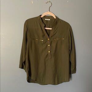 Nine West Green Blouse 3/4 Sleeve Mandarin Collar
